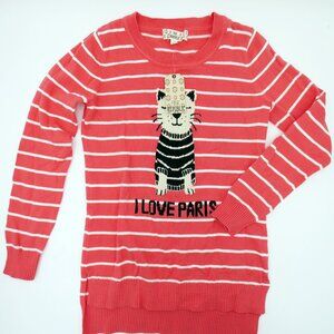 NWT Pink Republic Girls' Coral Striped "I Love Paris" Sweater L 14 Hi-Lo Hem